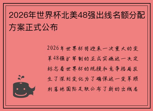 2026年世界杯北美48强出线名额分配方案正式公布