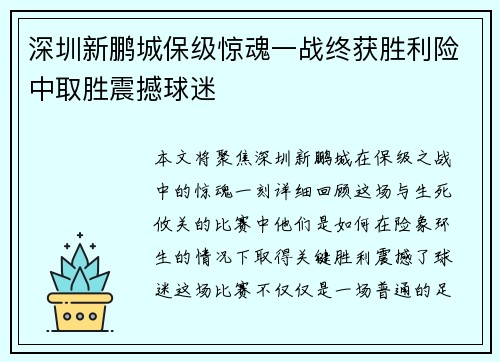深圳新鹏城保级惊魂一战终获胜利险中取胜震撼球迷